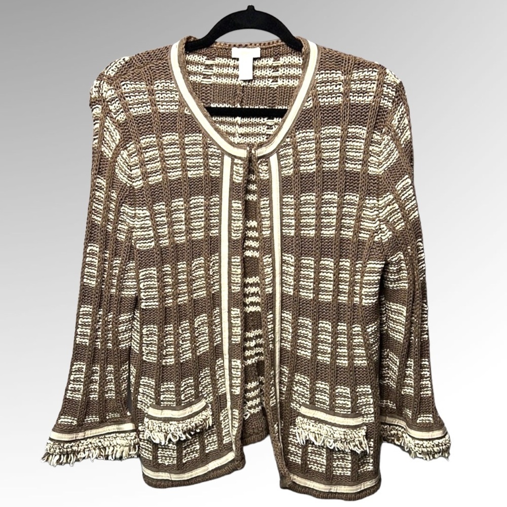 Chico's Brown and Cream Striped Fringe Trim Cardigan